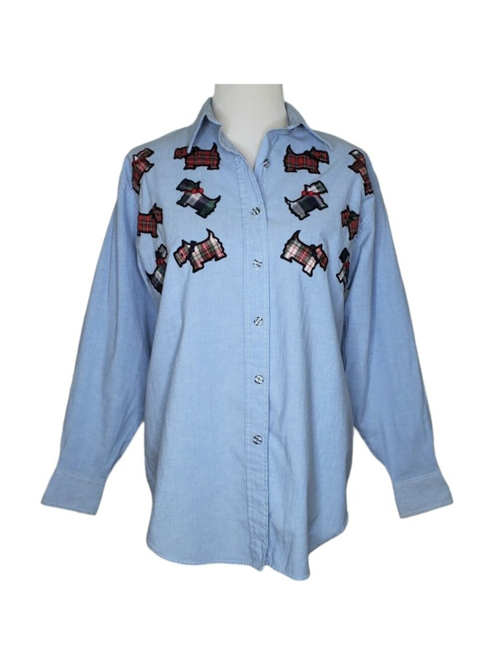 Vintage 90s Scottie Dog Chambray Shirt Medium Plaid Patchwork Embroidered Blue